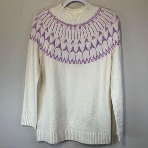 Talbots Fair Isle Sweater Womens Petite Medium PM Ivory Purple New Mock Neck